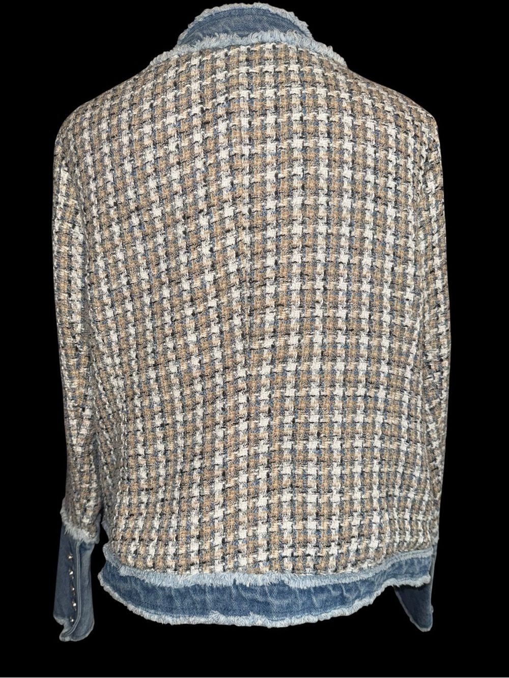Nanette Lepore Tweed Denim Jacket Womens L Frayed Raw Edge Mixed Media Blazer - Picture 3 of 5